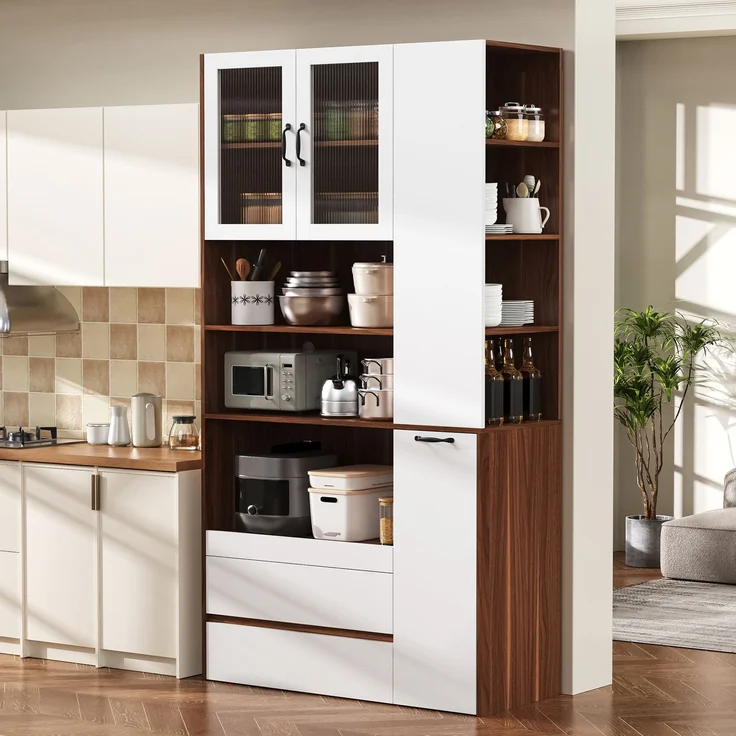 Highboard mit verstellbaren Regalböden und Schubladen, Buffetschrank mit ausziehbaren Regalböden und Riffelglas , Ideal für Esszimmer, Wohnzimmer und Küche (Weiß+Nussbaum) – Bild 2