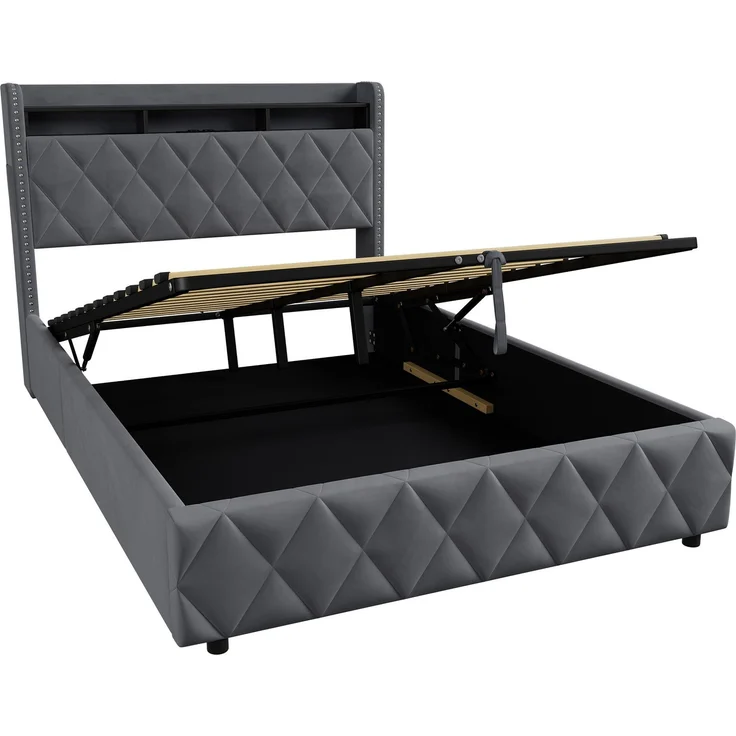 Polsterbett 140x200 cm mit Stauraum, LED und USB-Anschlüssen, Dunkelgrau – Ohne Matratze – Bild 6