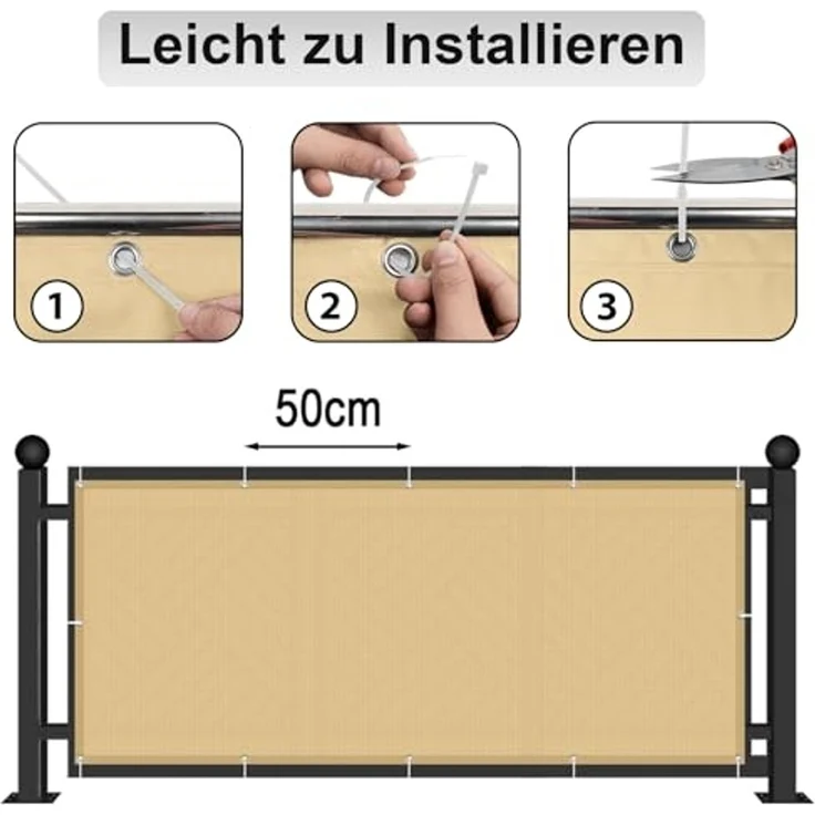 AXT SHADE Balkon Sichtschutz Wetterfest 75x400 cm Balkonverkleidung Balkonabdeckung Balkonbespannung Blickdichte Windschutz und UV-Schutz mit Kabelbinder für Balkongeländer-Sand – Bild 6