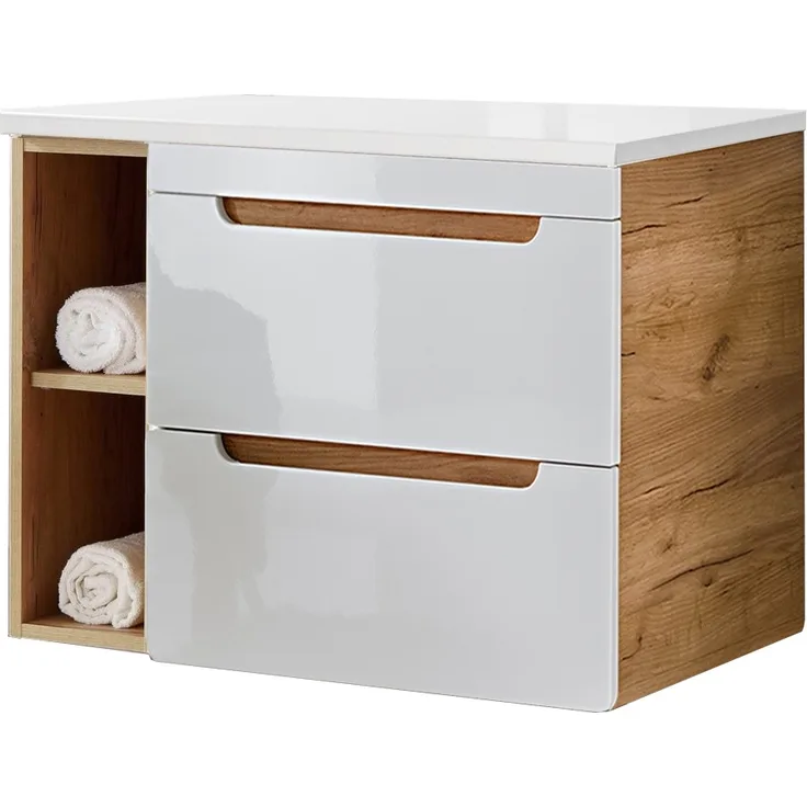 Waschtischunterschrank 81 cm mit 2 Auszügen LUTON-56 in Hochglanz weiß B/H/T ca. 81/61,5/46 cm