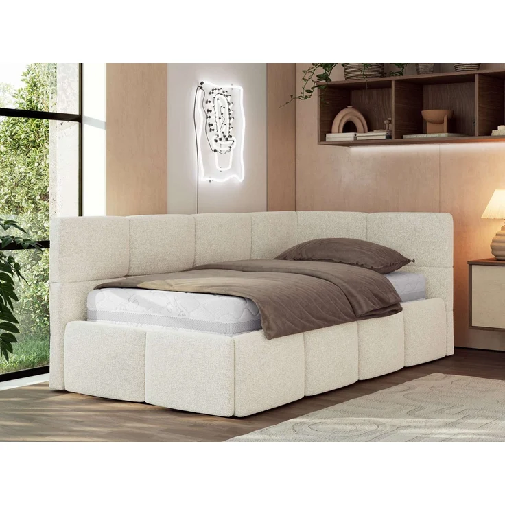 Jugendbett 90x200 ARVO Polsterbett mit Bettkasten, Stauraum & Gasdruckfeder, Modernes Design mit Kopfteil, Foam Matratze - Creme Strukture - MIRO LUX - Rechts Seite – Bild 1