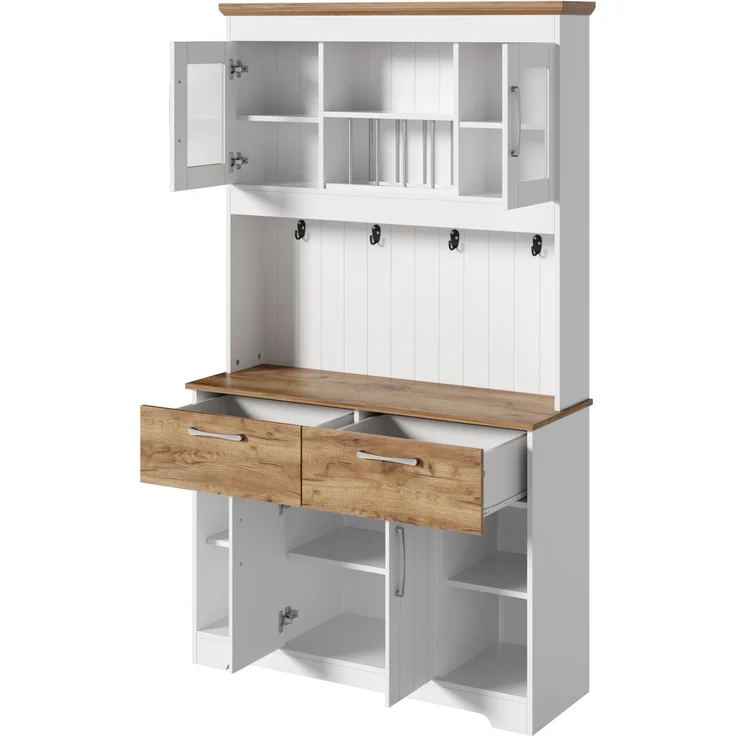 Merax 176.5cm Küchenbuffet Schrank mit Stauraum, Küchenschrank mit Vitrinenfächern, 2 Schubladen, Türen und Hakenleiste – Buffetschrank, Weiß + Holzfarbe – Bild 9