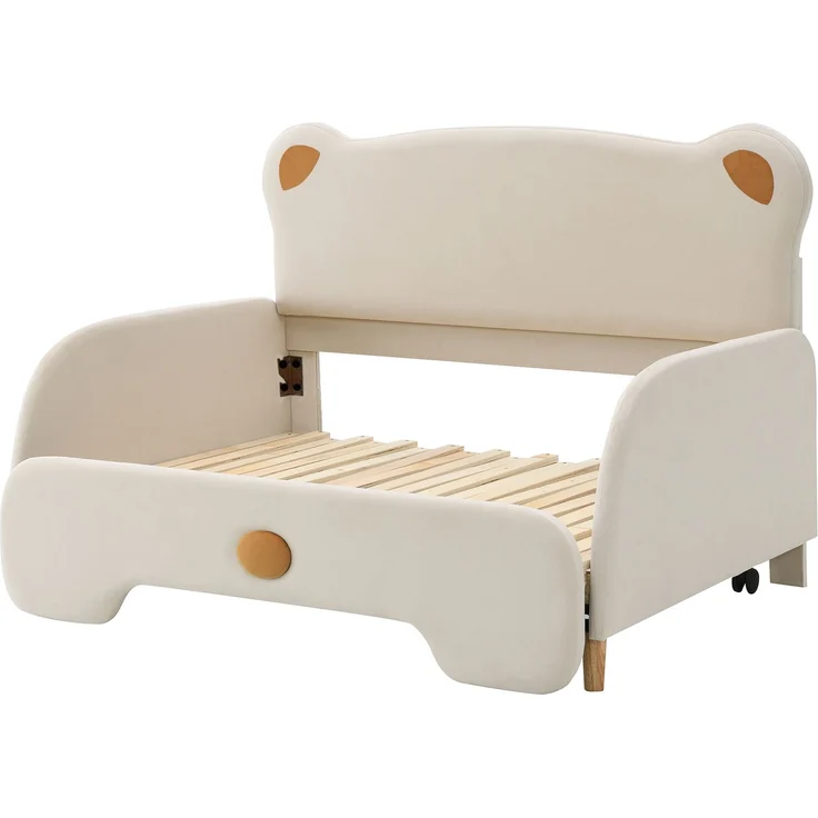 Polsterbett in Bärenform 140x200 cm, Kinderbett und Tagesbett mit Ausziehbett, weichen Schutzkanten und Samtbezug, Beige – Bild 8