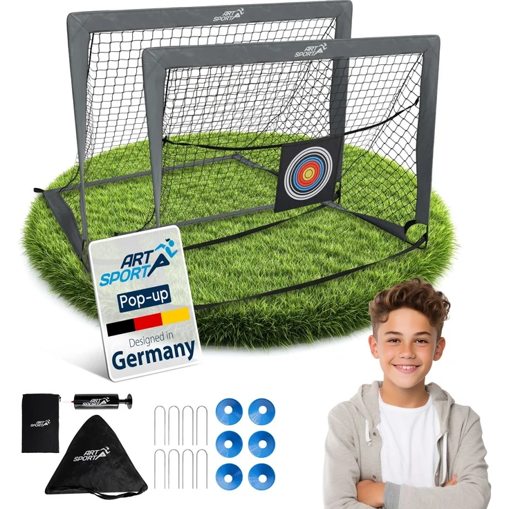 ArtSport 'Goal Master' Pop-Up Fußballtor, 2er Set, mit Zubehör, Fiberglas-Gestell, 120x90 cm, Grau – Bild 1