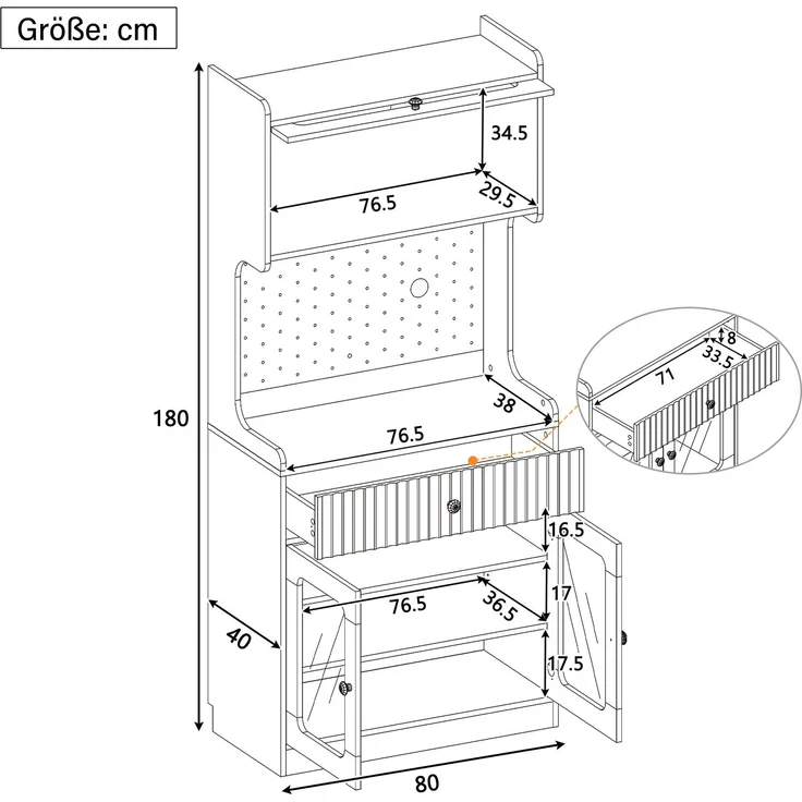 EINHOM Highboard mit verstellbaren Regalböden und Schubladen, Küchenschrank mit LED-Beleuchtung und Riffelglas, Ideal für Esszimmer, Wohnzimmer und Küche (Natur) – Bild 2