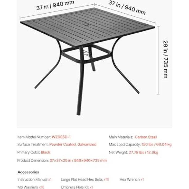 VEVOR Terrassentisch Gartentisch Balkontisch (94x94 cm) aus Kohlenstoffstahl quadratischer Esstisch für Outdoor Hof Terrasse Garten Veranda, wasserfest, mit Schirmloch, 68 kg Tragkraft Schwarz – Bild 3