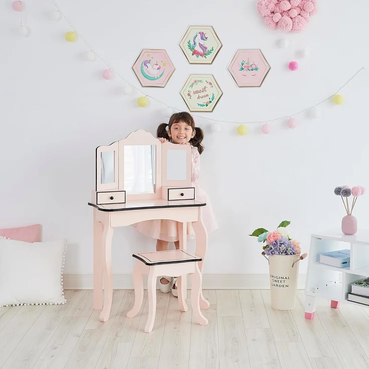 Fantasy Fields Kinder Holz Schminktisch mit Spiegel und Hocker Rosa/Schwarz TD-13028P – Bild 2