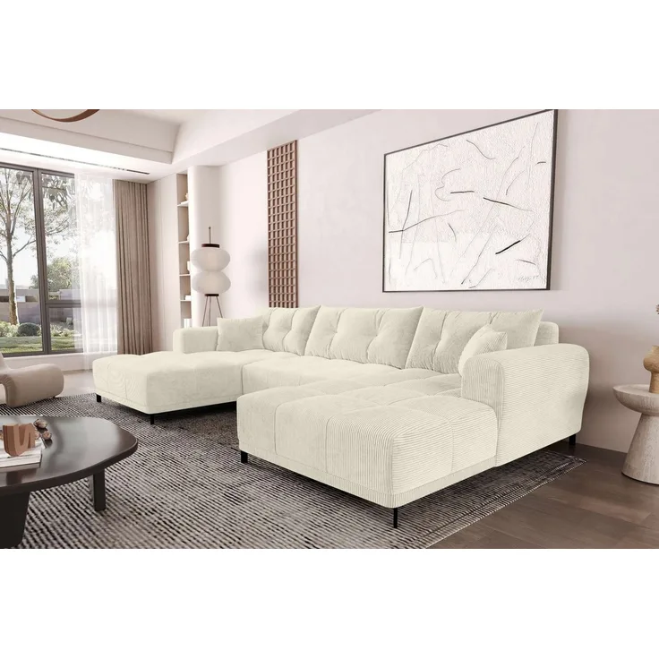 99rooms Massimo Wohnlandschaft Cordstoff POSO Creme mit Schlaffunktion