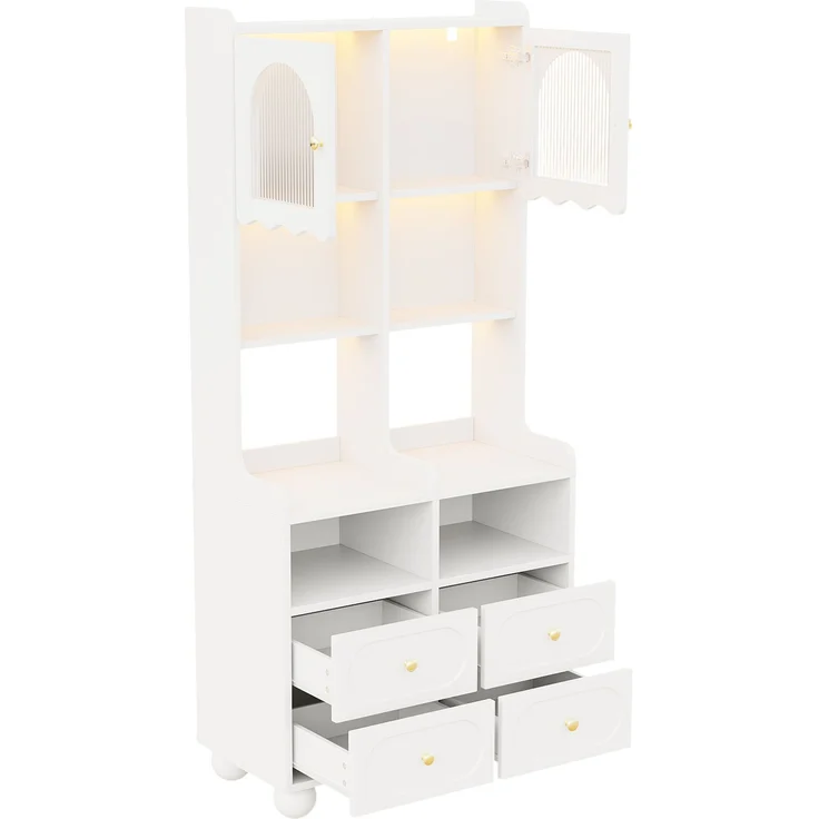 Glasvitrine 80 x 40 x 180 cm mit Rippglastür, LED-Beleuchtung und vier Schubladen – Weiß – Bild 6
