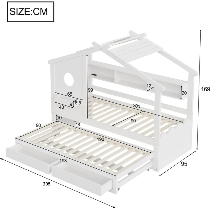 Merax Kinderbett, Jugendbett, 90x200cm, mit Ausziehbett 90x190cm, mit 2 Schubladen, mit USB- und Typ-C-Ladeanschlüssen und LED, mit Einlegeböden, Weiß – Bild 4