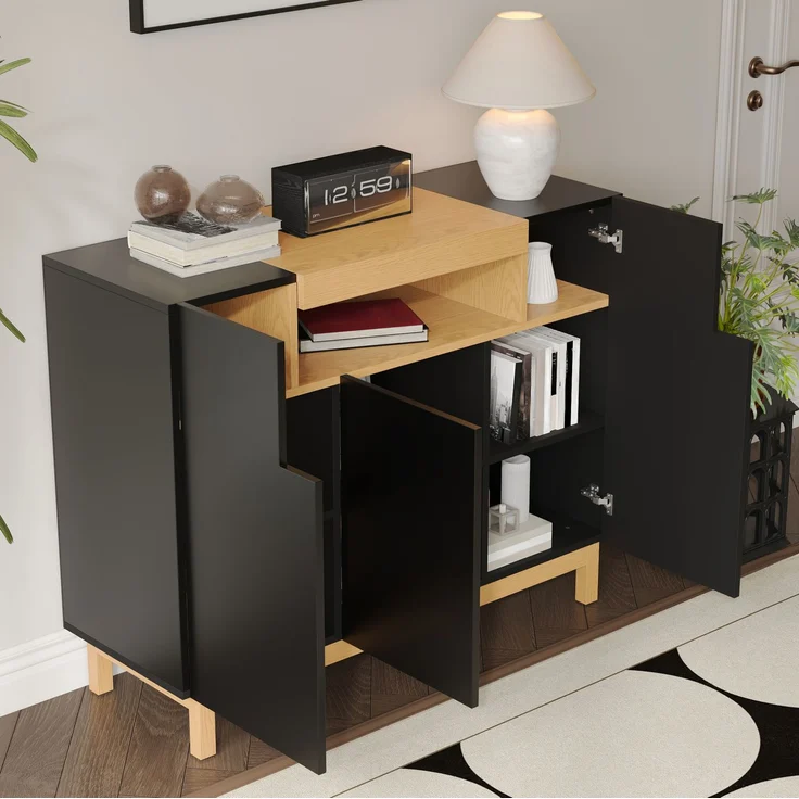 DESVIAE Sideboard mit 3 Türen und offenem Fach 120,5x96x42 cm Spanplatte Schwarz – Bild 3