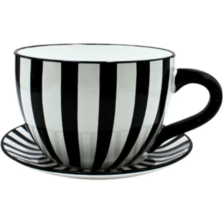 Dekohelden24 XXL Blumentopf, Pflanztasse, Pflanzkübel, Pflanzgefäß, Blumenkübel, Pflanztopf. Übertopf als Tasse mit Griff aus Keramik, Motiv: Schwarz-Weiß-Gestreift, L/B/H 34 x 28 x 16 cm.