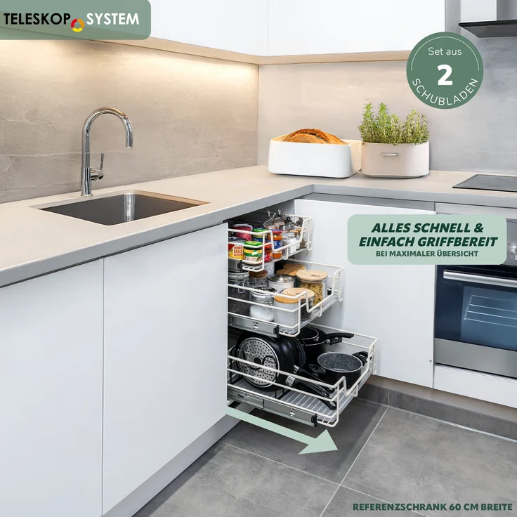 Teleskopschubladen 2er Set - für 30 cm Schrank mit Einlegeboden, aus Metall, (Cremeweiß) – Bild 2