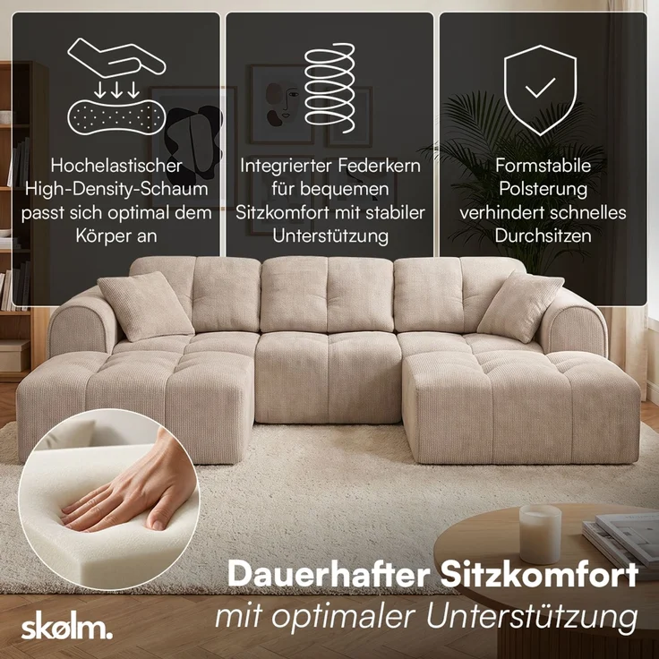 skølm 'Vanaheim' Sofa 3 Sitzer mit 2 Hocker & 2 Kissen, Cloud Sofa beige, Chenille-Stoff, Vollschaumcouch mit Federkern und Vakuum-Kompression, kein Aufbau erforderlich – Bild 2