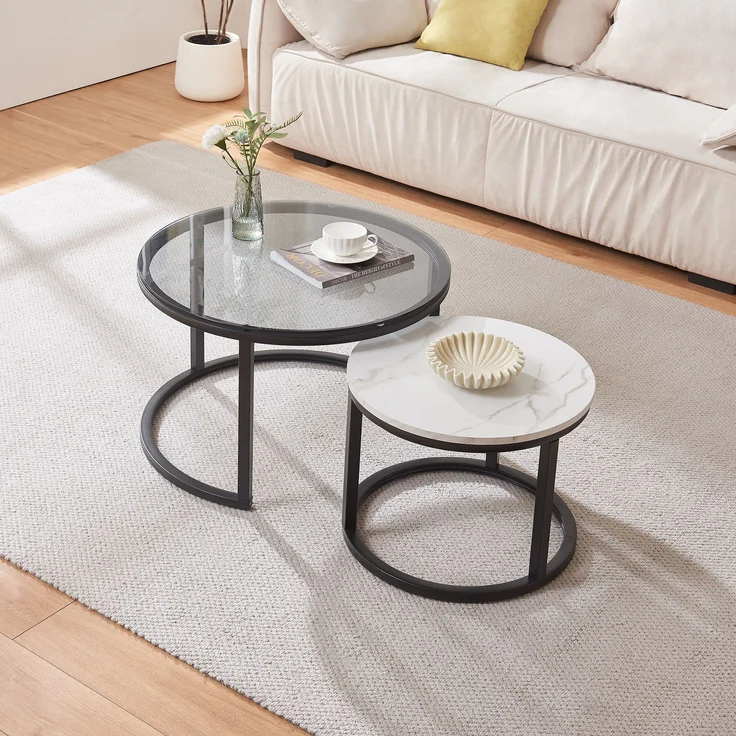 Couchtisch 2er Set Kokkola Rauchglas/Marmoroptik, weiß [en. casa] – Bild 1