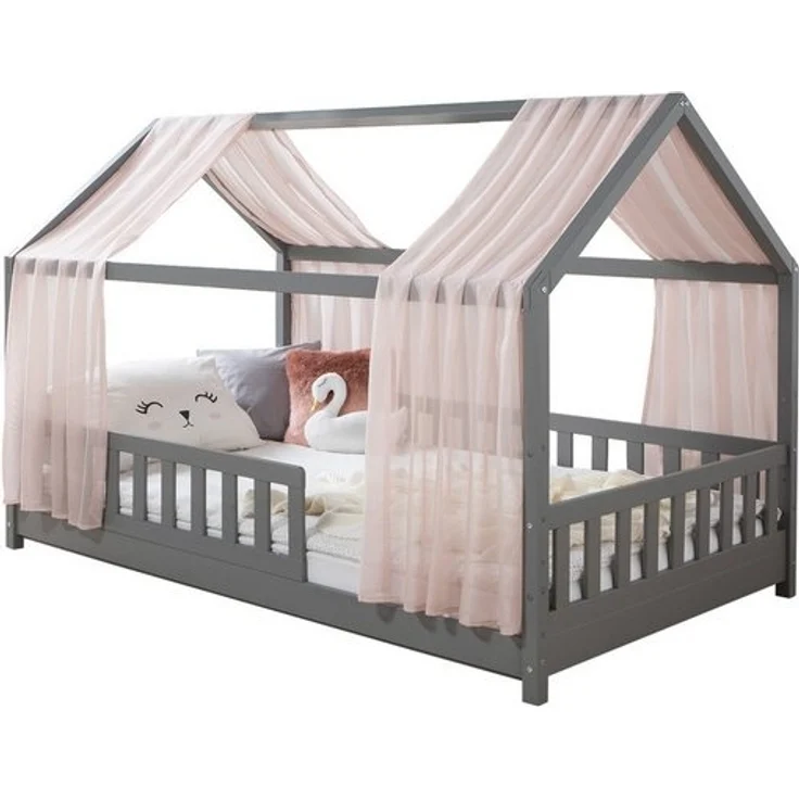 Ticaa Hausbett Kim mit Rausfallschutz aus Kiefer, Kinderbett 140x200, inkl. Tüll-Set, mit Rollrost, mit Matratze – Bild 4