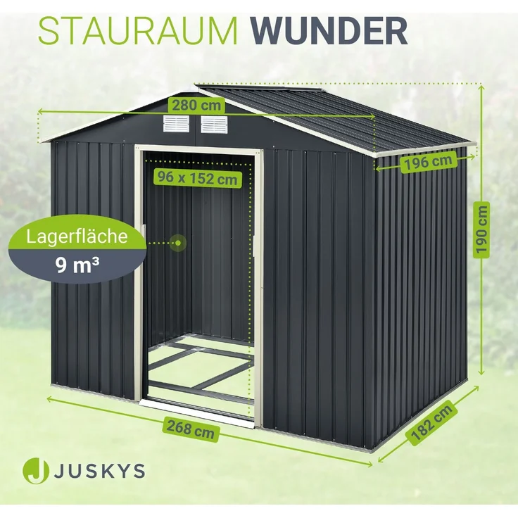 Juskys Metall Gerätehaus XL mit Satteldach, Schiebetür & Fundament, anthrazit, 9m³, 192 x 191 x 277 cm – Bild 3