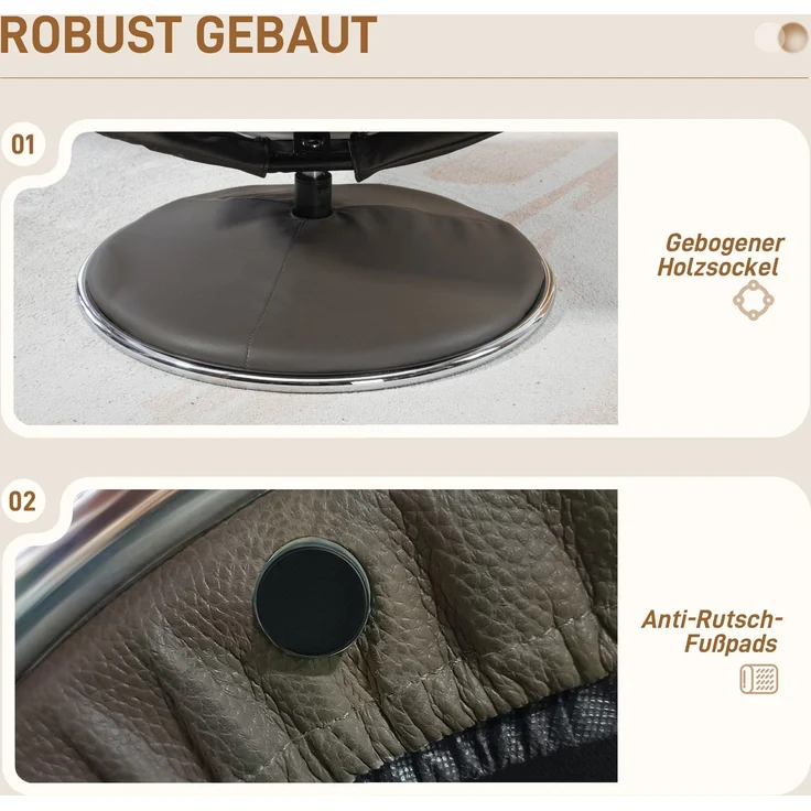 Relaxsessel mit Hocker, Rückenlehne verstellbar, Kunstleder, bis 150 kg, Grau--Grau--81x95x107cm--YOUDENOVA – Bild 9