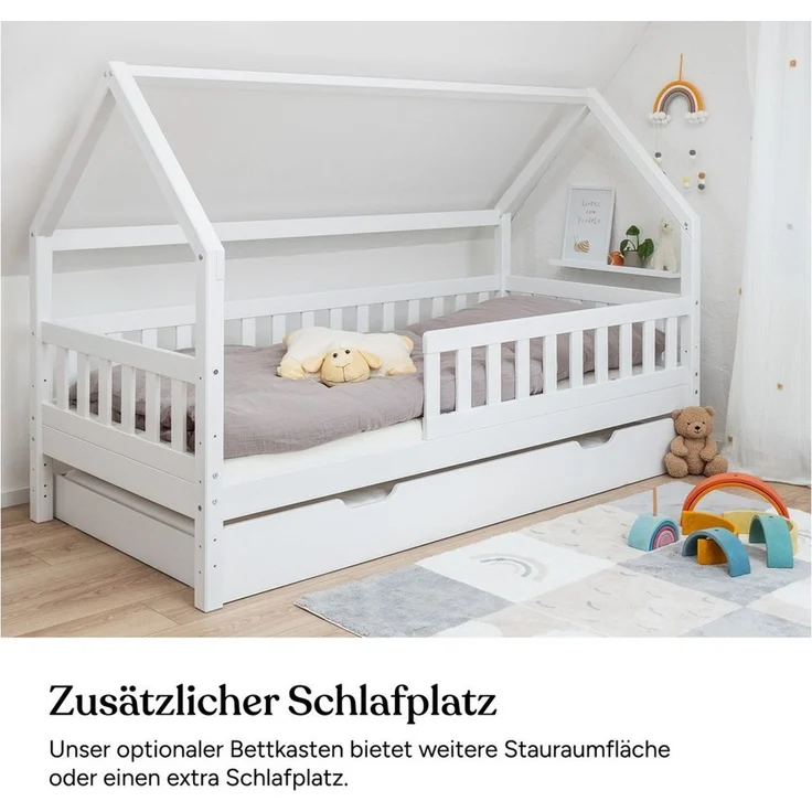 Ehrenkind Hausbett aus nachhaltigem Kiefernholz (mit abnehmbarem Rausfallschutz aus nachhaltigem Holz, Erhältlich in Natur und Weiß Kinderbett 80x160/90x200 cm), höhenverstellbar, nachhaltiges Kiefernholz, hergestellt in Europa – Bild 3