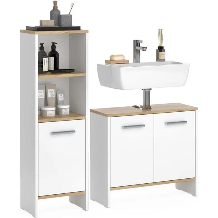 Badezimmermöbel-Set Karli Weiß/Goldkraft Eiche 2-teilig Vicco – Bild 6