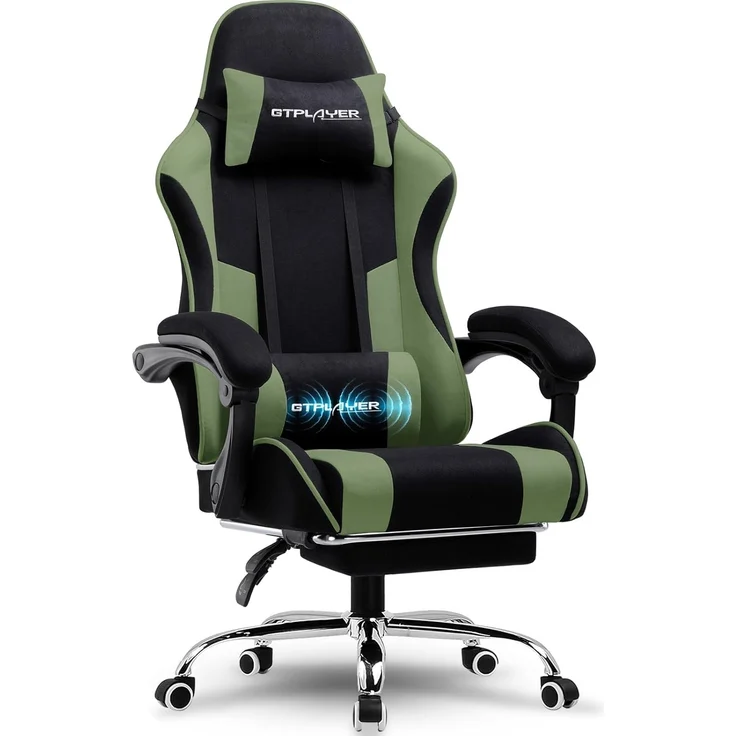 GTPLAYER Gaming Stuhl, Bürostuhl, Ergonomischer Pc Stuhl, Gaming Sessel mit Massagelendenwirbelstütze, Task Stühle mit Fußstütze und Kopfstütze, Grün Stoff – Bild 1