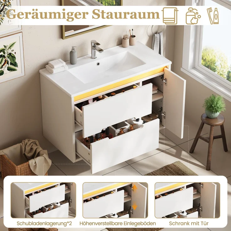 Waschbeckenunterschrank mit Keramikbecken, 81 x 47 x 51 cm, MDF, wandmontiert, mit LED-Beleuchtung – Bild 5