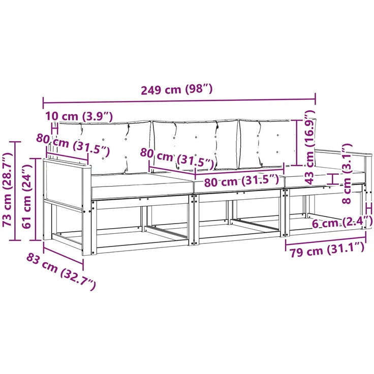 vidaXL Outdoor-Sofagarnitur mit Kissen 3 pcs Natur und Creme 3382303 – Bild 5