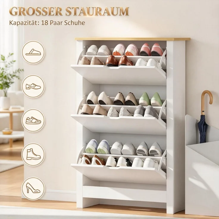 ZUBALIYA Schuhschrank (72 x 26 x 112 cm), 3 Klappfächer, Herausnehmbare Einlegeböden, Stauraum für Flur und Eingangsbereich, Naturfarben / Weiß – Bild 7