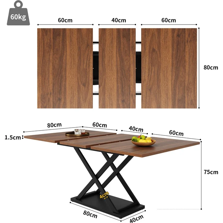 Esstisch Set mit 4 Stühlen Ausziehtisch 120-160x80 cm Metallkreuzbeine Samtstühle Essgruppe Küchentisch Esszimmer Walnuss & Schwarz – Bild 9