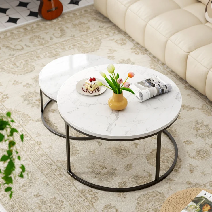 2er-Set Couchtisch aus MDF mit Marmordesign & Metallrahmen, nestbar, 70x70x45 cm + 45x45x37 cm – Bild 4