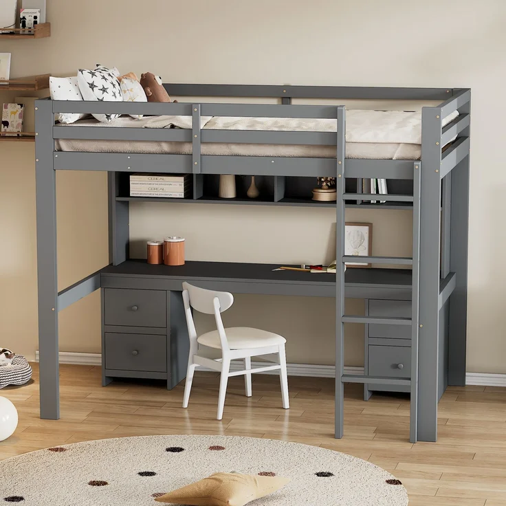 Hochbett 90x200 cm mit Schreibtisch und Stauraum,Kinderbett aus massivem Kiefernholz,Multifunktionsbett mit 4 Schubladen und 4 Regalfächern,Grau – Bild 4