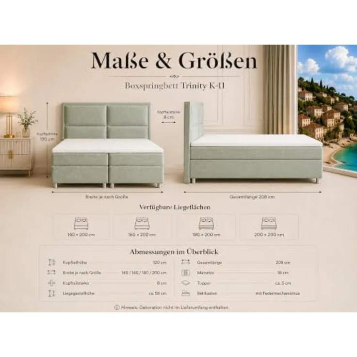 Best For Home Boxbett Trinity K-11, Mintgrün, Boxspringbett mit Bettkasten, 180x200 cm, Höhe ca. 18 cm – Bild 2