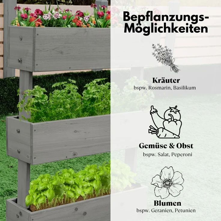 Coemo Mittleres Vertikalbeet Grau Hochbeet 3 Etagen inkl. Pflanzfolie 50x30x75 – Bild 6
