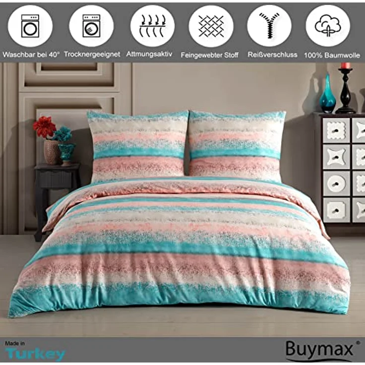 Buymax Bettwäsche Belissim Bettbezug-Set, Renforce: 100% Baumwolle, 2 teilig, 135x200 cm, mit Reißverschluss, Streifen, gestreift, Rose-Türkis – Bild 3