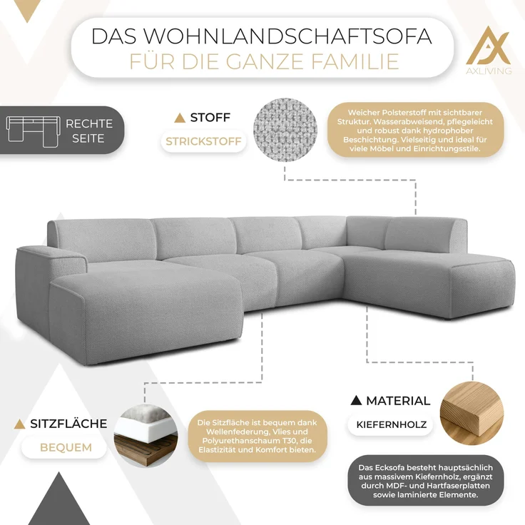 AX LIVING XXL Sofa U Form Didim Hellgrau 378cm breit modern & großzügig R – Bild 5