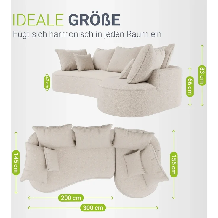 Juskys Sofa Tirano - Bouclé Creme , Ecksofa mit L-Form, mit Rücken- & Dekokissen, 4-Sitzer Eckcouch, Schaumstoff - Ottomane rechts – Bild 5