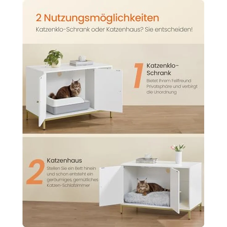 Feandrea Katzenklo-Schrank, Katzenhaus, Katzentoilette, mit Kratzmatte, hohe Beine, für Katzen, Beistelltisch, 90 x 48 x 61,5 cm, weiß-goldfarben PCL027W01 – Bild 7