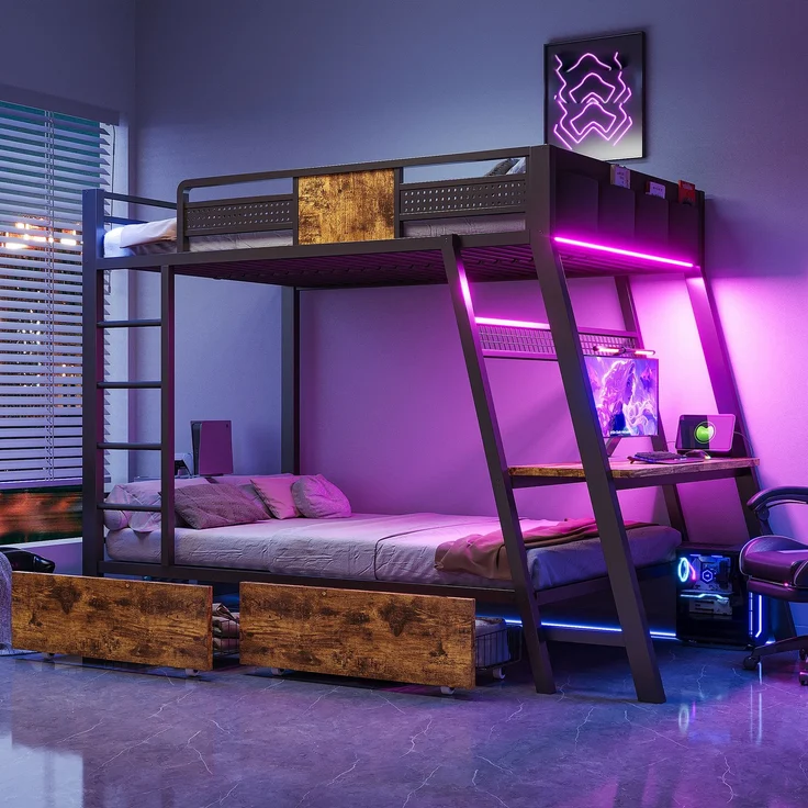 Metall-Etagenbett 90×200cm,integrierter Gaming-Schreibtisch mit Steckdosen, USB- und Type-C-Anschlüssen, mit LED-Lichtband, zwei Aufbewahrungskörben, Jugend-Spielbett, Doppel-Eisenbett, Schwarz – Bild 3