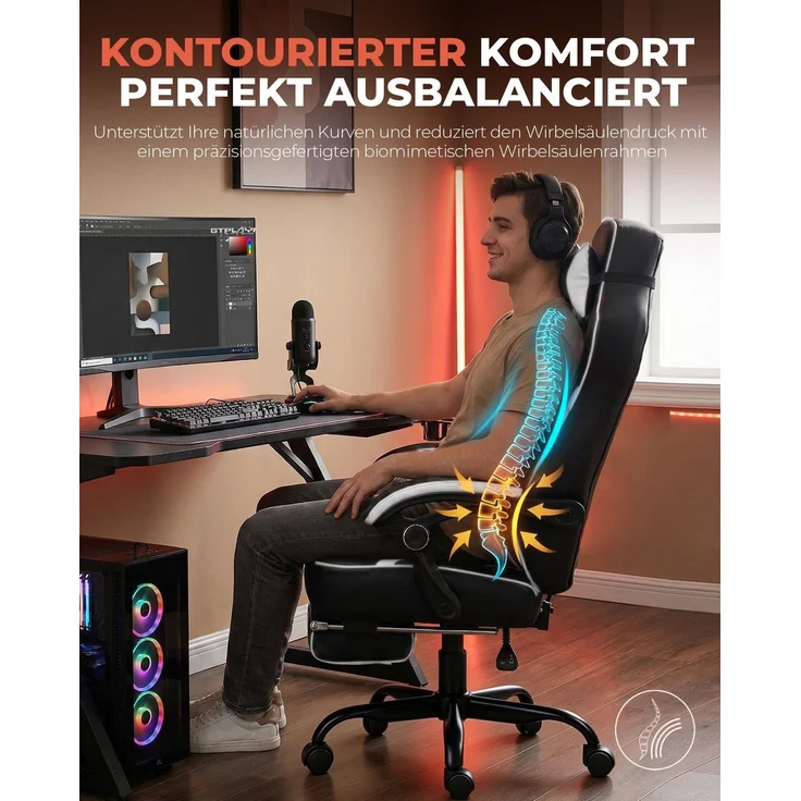 GTPLAYER Gaming Stuhl mit Fußstütze, Ergonomischer Bürostuhl 180kg, Schwerlast Gaming Sessel mit Lendenwirbelstütze und Kopfstütze, Höhenverstellbarer Computerstuhl, Gepolstert, neigbare 155°, weiß – Bild 6