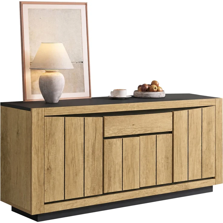 Sideboard 140 x 40 x 60 cm mit 4 Türen und Schublade – MDF in Holzoptik und Schwarz – Bild 7