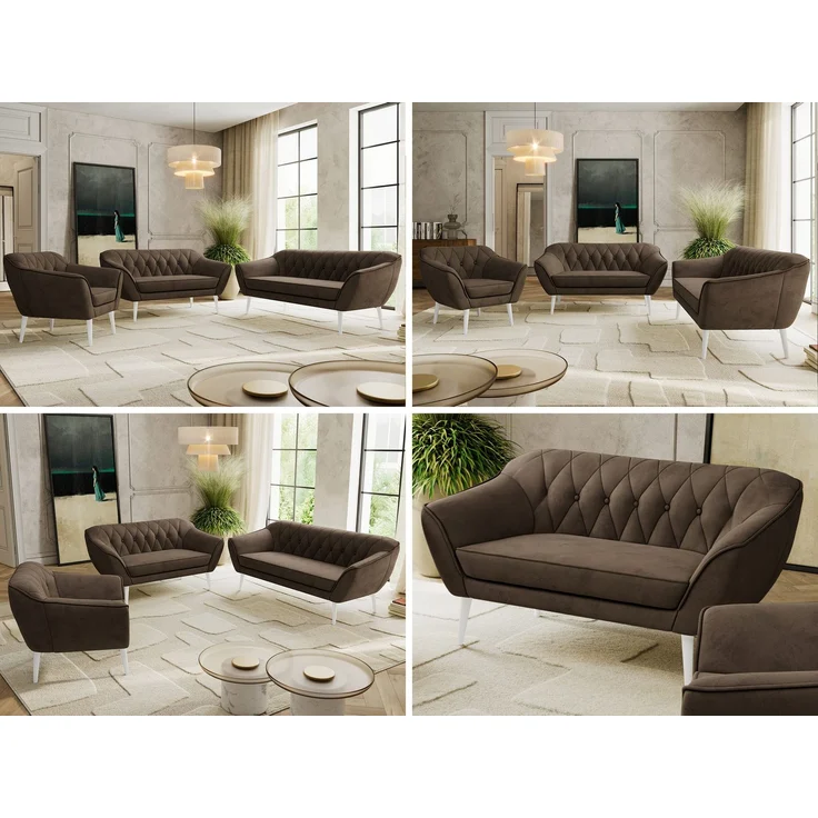 Wohnzimmerset PIRS 1-2-3, Skandinavisches Komplettset, Wellenfederung, weiße Füße, Sitzgruppe, Möbelset - Braun Velvet – Bild 2