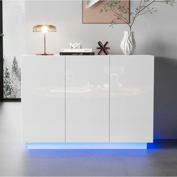 DESVIAE Sideboard mit LED-Beleuchtung und 3 Türen, 120x75x40 cm, Spanplatte, Weiß – Bild 2