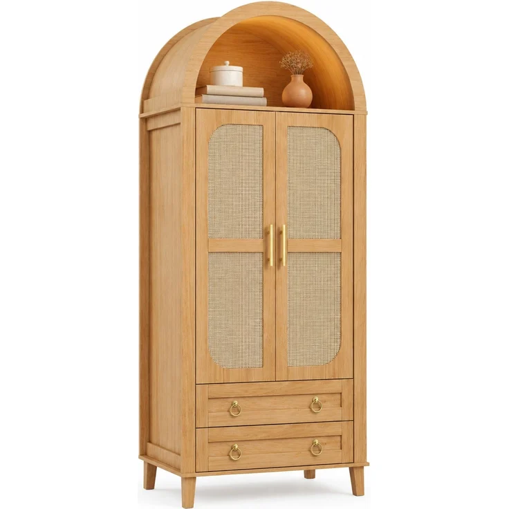 DESVIAE Garderobenschrank Natur aus MDF/Spanplatte – 76x184x50 cm – LED-Beleuchtung, 2 Schubladen – Bild 7