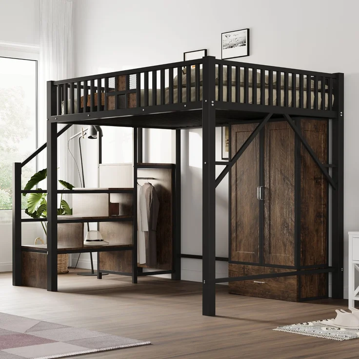 EINHOM Metall-Hochbett 140 x 200 cm mit Markantem Geländerdesign aus Holz und Metallgitter, Komplett mit Großem Kleiderschrank, Schubladen und Aufbewahrungsleiter, Schwarz (Ohne Matratze) – Bild 4