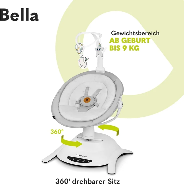 LIONELO Bella Elektrische Babywippe 360o für Babys bis 9 kg, verstellbare Rückenlehne, 5 Schaukelgeschwindigkeiten Sicherheitsgurt Erkennung von Bewegungen Anti-Rutsch – Bild 2