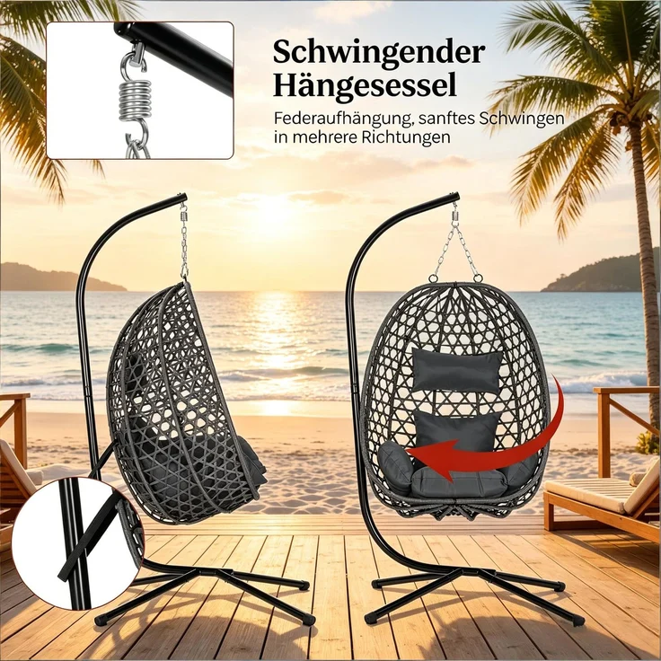 Hängesessel 105 x 105 x 195 cm aus Metall und PE-Rattan in Dunkelgrau, 1 Stück – Bild 4