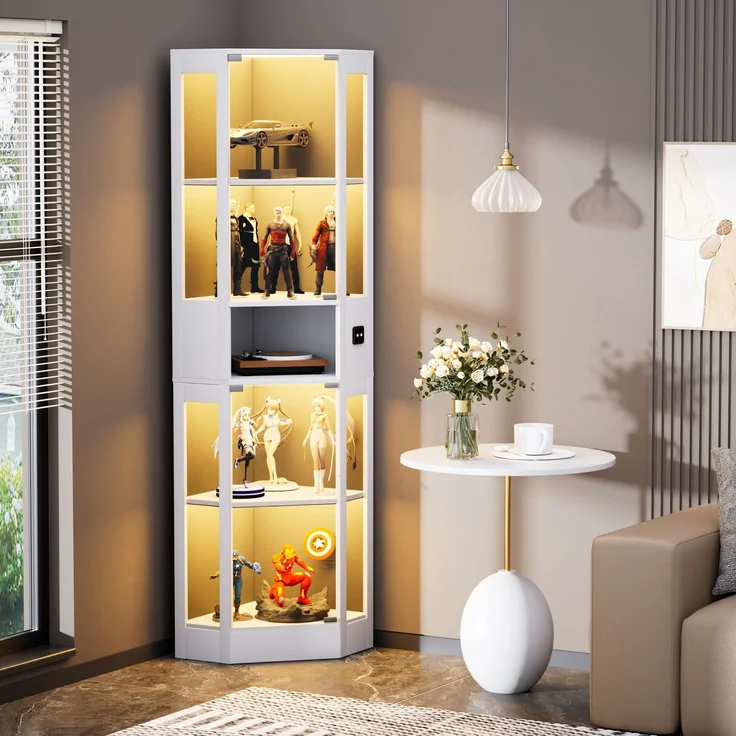 Fünfstöckige Glasvitrine mit Stauraum, LED-Beleuchtung, Glastüren und intelligenten Sensoren, Geeignet für Wohnzimmer, Schlafzimmer und Büros. Weiß.--Weiß--57x40x165cm--YOUDENOVA – Bild 3