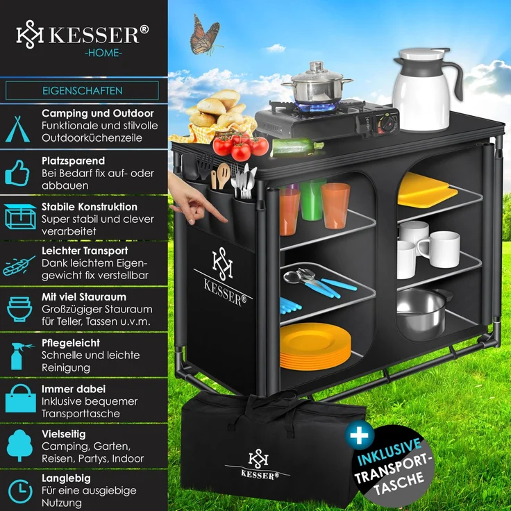 KESSER® Campingschrank, Campingküche mit Aluminiumgestell, inkl. Tragetasche , Kocherschrank für Camping , Campingmöbel , Outdoor Typ F6 (Schwarz) – Bild 2