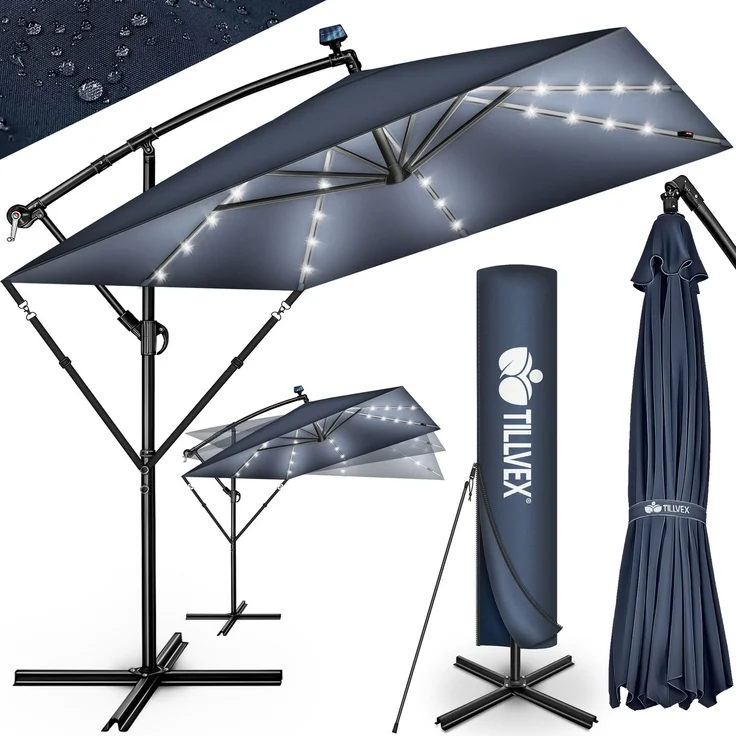 tillvex® Alu Sonnenschirm Rechteckig Ø 330 cm mit LED Solar Navy-Blau + Abdeckung mit Kurbel | Ampelschirm mit Ständer & Windschutz | Gartenschirm UV-Schutz, wasserdicht, 360° drehbar | Kurbelschirm Marktschirm – Bild 2