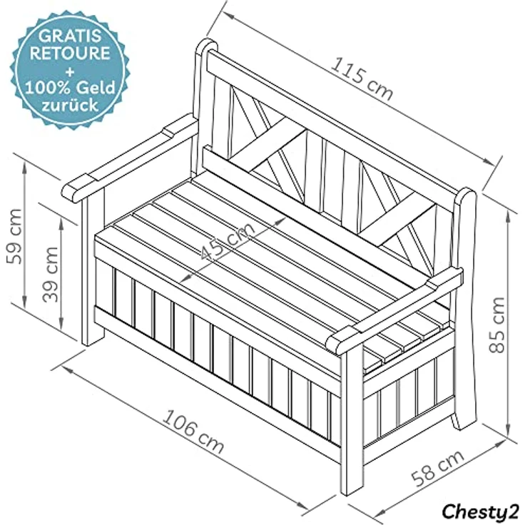 needs&wants Chesty2 Gartenbank Holz wetterfest, 2-Sitzer Truhenbank mit Stauraum und Abdeckung, Massivholz Weiß, 115 cm breit – Bild 3